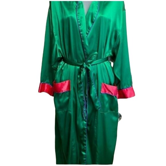 Vintage Victorias Secret Emerald Green & Pink Satin Robe Kimono Style M - Picture 8 of 10